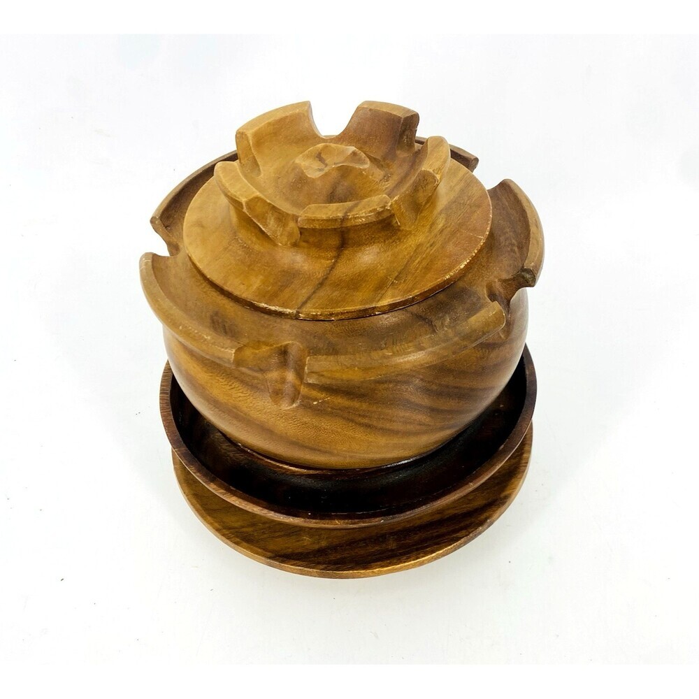 Vintage MCM Genuine Monkey pod Hand Carved Lotus Bow Lazy Susan Serving Dish